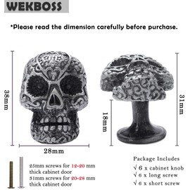 WEKBOSS Antique Silver Skull Cabinet Knobs for Kitchen Drawer Cabinet Door Handle (38mm) Single Hole Decorative Furniture Knob for Dresser Wardrobe Bedroom (6 Pieces Zinc Alloy)