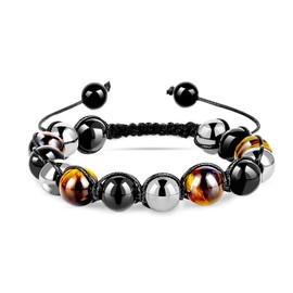 Triple Protection Bracelet Men/Women Bracelet, Tiger Eye, Obsidian, Hematite, 10mm Pure Natural Healing Crystal Bracelet, Bring Good Luck and Health Jewelry Gift.(Single)
