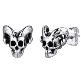 Goat Horn Stud Earrings for Male Stainless Steel Satan Baphomet Goat Skull Head Ear Studs Gothic Satanist Church Jewelry