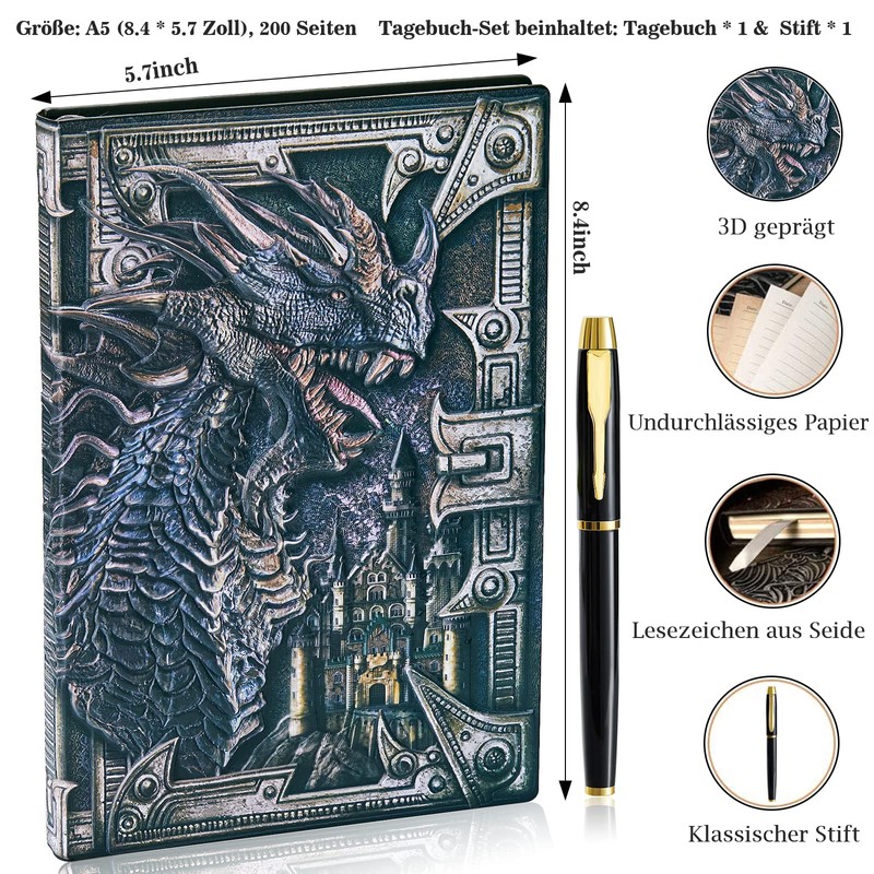 3D Dragon Vintage Diary + Pen Set, A5 Lined Notebook,