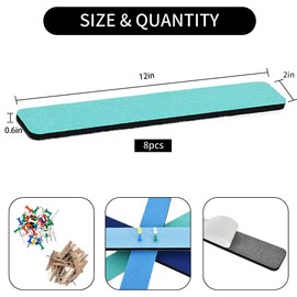 Vuzvuv 8 pcs Bulletin Board Bar Strips with 50 Pushpins & 10 Wooden Clip pins，Self Adhesive Cork Board for Wall，Felt Pin Board for School，Office Decor(Sea Blue)