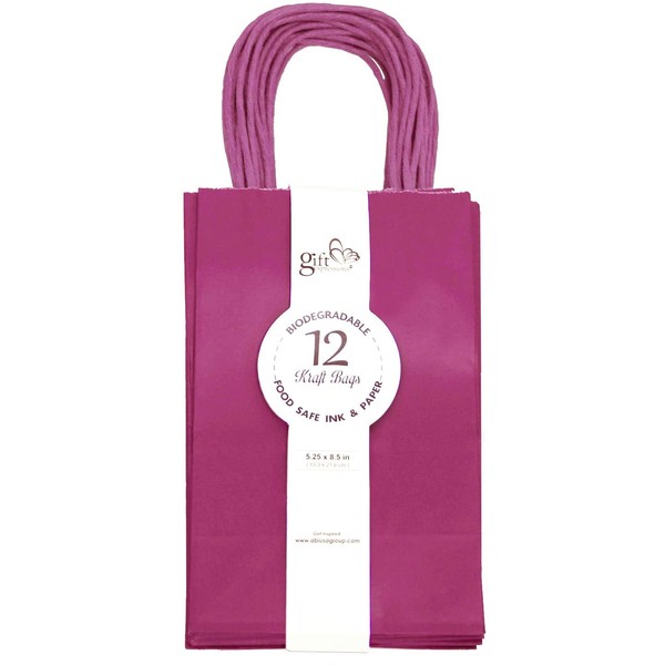 12CT Small Magenta Biodegradable, Food Safe Ink & Paper, Premium Quality Paper (Sturdy & Thicker), Kraft Bag with Colored Sturdy Handle