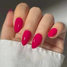 Hot Pink Press on Nails Short Almond MABKJLF Full Cover Fake Nails Glossy False Nails Solid Colour Stick on Nails Acrylic Nails Artificial Nails for Women Girls 24 Pcs