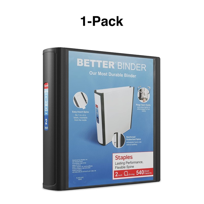 Staples Heavy-Duty 2-Inch D-Ring Binder, Black – Large Capacity 3-Ring