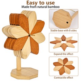 Trivet Heat Resistant Bamboo, Creative Coasters Wood in Windmill Shape, 5 Wooden Coasters and 1 Stand, Pinwheel Table Decoration Bamboo Pot Mat for Tableware Pot Bowl Teapot