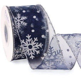 Ribbli Christmas Snowflake Glitter Wired Ribbon, 2-1/2 Inch x 20 Yards Navy Organza Sheer Ribbon with Silver Glitter Snowflake Pattern Christmas Ribbon for Tree Decoration