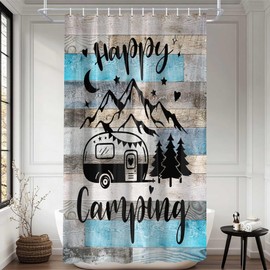 SAOLUIS RV Shower Curtain for Bathroom, Happy Camping Shower Curtain Blue Gray Barn Door Bathroom Curtains, Rustic Wood Bathroom Decor Waterproof Travel Camping Bath Curtains with 12 Hooks 47X64 Inch
