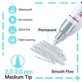 Silver Paint Pen Permanent Metallic Marker - 8 Oil Based Paint Pens, Medium Tip, Quick Drying and Waterproof Marker Pens for Automotive Restoration, Metal, Rock Painting, Silver Permanent Marker