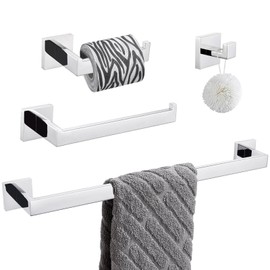 Suyar Polished Chrome Bathroom Hardware Set 4 Pieces, 304 Stainless Steel Bathroom Accessories, Include Robe Hook, Toilet Paper Holder, Hand Towel Holder, Bath Towel Bar