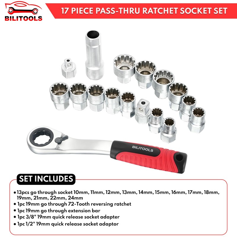 BILITOOLS 17-Piece Pass Through Socket Set, 3/8" & 1/2" Drive
