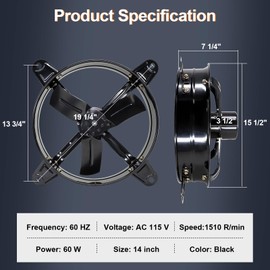 Hiorucet 14 Inch Wall Mounted Attic Gable Vent Fan with Adjustable Temperature Thermostat Control, 60HZ, 115V, 1510R/min, 60W, Gable Mount Vent Attic Fan with Pure Copper Motor, High Speed Low Noise
