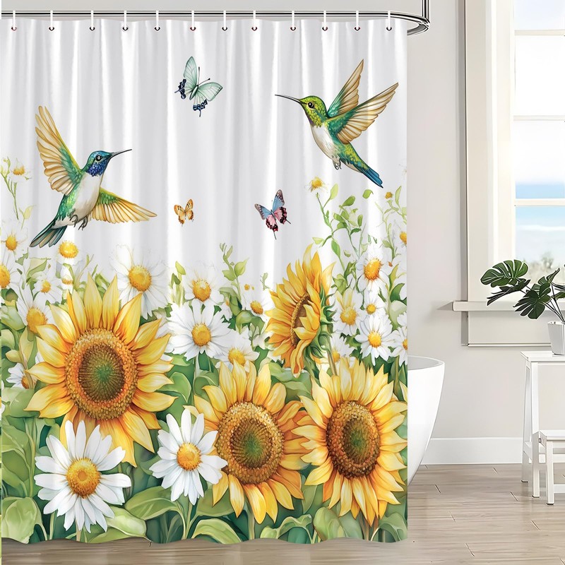 Rustic Sunflower Shower Curtain Watercolor Hummingbird Retro Yellow Flower Green