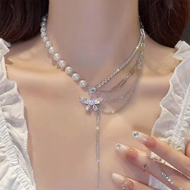 Inateannal Rhinestone Pearl Choker Necklace Layered Crystal Necklace Chain Silver Butterfly Pendant Necklace Baroque Pearl Beaded Necklace Jewelry for Women and Girls Gifts