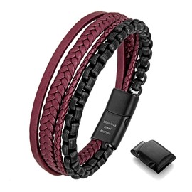 murtoo Mens Bracelet Leather Bracelet for Men Brown Black Leather with Stainless Steel Chain Bracelet Bracelet for Men Gift (Black Red, 7.5'')