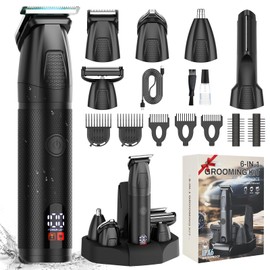 Bomxin Beard Trimmer for Men 6 in 1 Cordless Waterproof Electric Hair Clippers Mustache Body Face Trimmer All in One Grooming Kit with LED Display USB Rechargeable