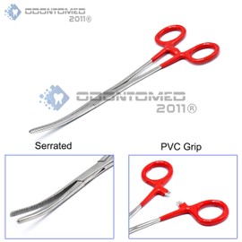 OdontoMed2011 Heavy Duty Red PVC Grip Handle German Grade Stainless Hemostat Forceps Curved Serrated 8" ODM