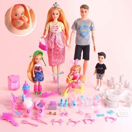 UCanaan Family Dolls Set of 6 People with Dad Pregnant Mom 3 Kids and Baby Boy in Mommy's Tummy and 70 Pcs Accessories for Education and Birthday Day Gift - Color: 6B