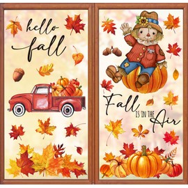 JarThenaAMCS Fall Window Clings Watercolor Maple Leaves Truck Pumpkin Scarecrow Window Decals Double-Sided Autumn Window Decor for Fall Thanksgiving Home Office Harvest Party Window Glass Mirror Decor