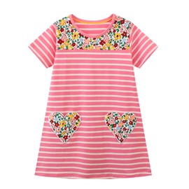 HILEELANG Toddler Girls Cotton Short Sleeve Dress Easter Casual Pink Stripe Pocket Appliques Jersey Dresses 2T