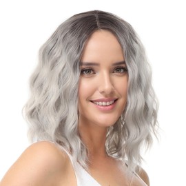 BUYOGET Medium Short Wig Wavy Bob Wig Realistic Natural Lace Front Scalp Adjustable Synthetic Shoulder Length Curly Wigs for Women Ombre Silver