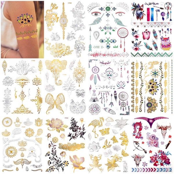 Konsait 150pcs Metallic Temporary Tattoos For Women Girls, Gold Sliver Glitter Design Fake Tattoo, Jewelry Tribal totem Butterfly Flower Feather Waterproof Tattoo,Face Hand Arm Party Decoration Tattoo