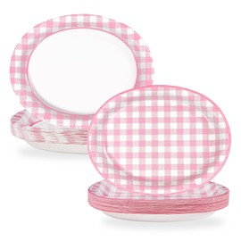 50Pcs Pink Gingham Oval Paper Plates 10" x 12" Large Disposable 400GSM Heavy DutyPink and White Buffalo Checked Plaid Dessert Plates for BBQ Picnic Birthday Summer Dinner Party Supplies Decorations