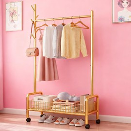 MYUPDALIN Clothes Rack with Shelves, Clothing Rack with Wheels, Multifunctional Hangers with Storage Baskets and Shoe Racks, Ideal for Bedrooms and Living Rooms (Gold, 60cm/23in)
