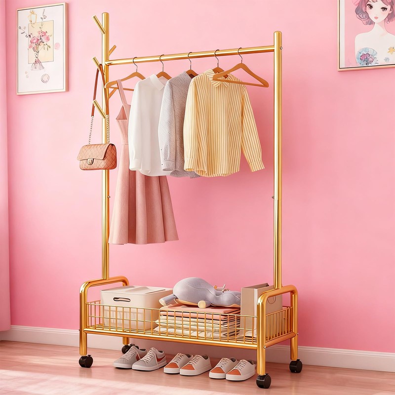 MYUPDALIN Clothes Rack with Shelves, Clothing Rack with Wheels, Multifunctional