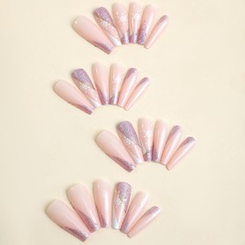 24Pcs French Tip Press on Nails Medium Coffin Fake Nails with Snowflake Design Pink Glitter Acrylic Nails Glossy Stick on Nails Winter False Nails Christmas Glue on Nails for Women Girls