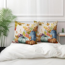 Fall Pillow Covers 18x18 Inch Blue and Green Watercolor Pumpkin Fallen Leaves Throw Pillow Cover Autumn Harvest Thanksgiving Pillowcase Linen Rustic Square Cushion Cover for Home Couch Set of 2