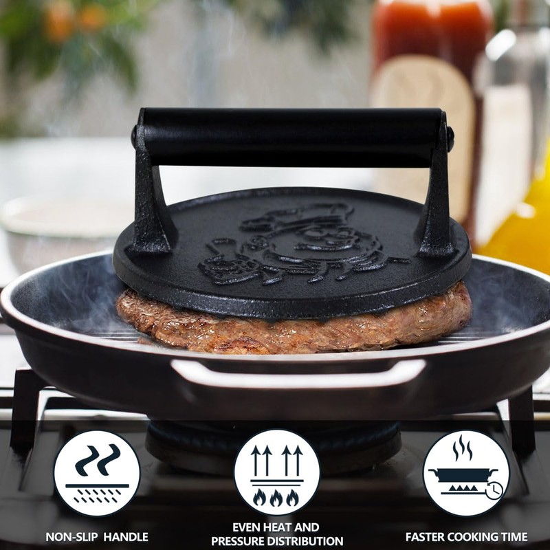Heavy Duty Cast Iron Burger Press Kit for Smash Burgers