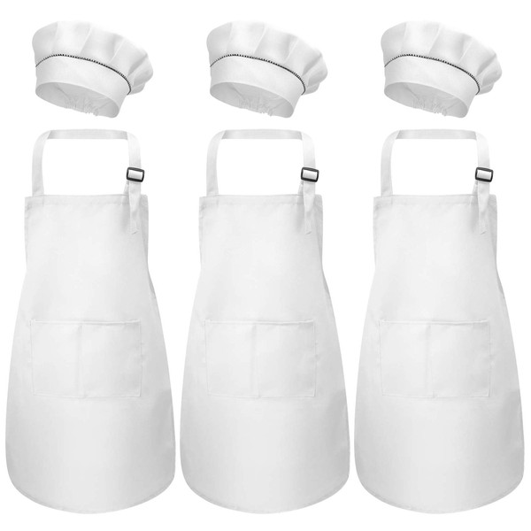 Catime 6 Piece Children's Apron and Chef Hat Set, Children's Kitchen Garden Chef Aprons for Boys Girls, Child Kitchen Aprons Cooking Apron with Pockets for Cooking Baking Painting Crafts (M for 3-6