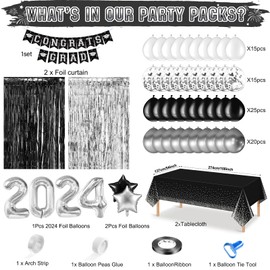 Graduation Party Decorations Class of 2024, Congrats Grad Banner Fringe Foil Curtain Graduation Tablecloths Balloons Arch Garland Kit for College University Graduation Party Supplies, Black and Silver