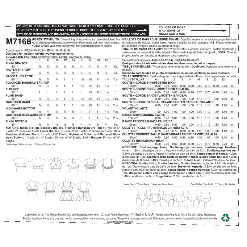 Mccall's Patterns 7168 A5 Sizes 6/8/10/12/14 Misses Swimsuits