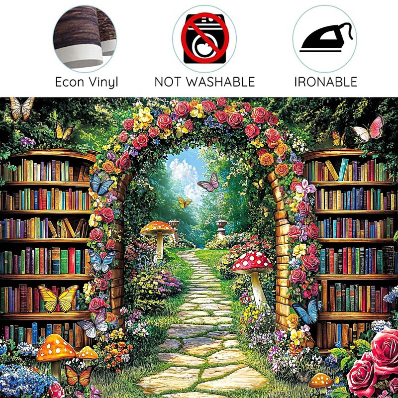 Fairy Library Backdrop,Magic Bookshelf Garden Reading Theme Party Banner,Enchanted Forest