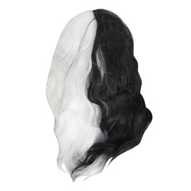 Black and White Short Curly Wig Women Cosplay Party Shoulder Length Heat Resistant Wavy Wig with Neat Bangs 15 Inch