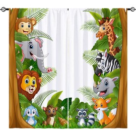YUANZU Animal Curtains Rod Pocket Kids Boys Girls Forest Giraffe Lion Elephant Monkey Zebra Rhinoceros Jungle Zoo Print Pattern Window Drapes for Nursery Baby Bedroom Playroom W42 x L63 Inch 2 Panels