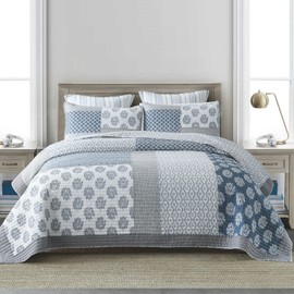 PANGUSHAN Quilt Set Queen Size, 100% Cotton Bedspread Quilt Bedding Set, Patchwork Reversible Floral Quilt for Queen Bed, Blue/Grey/White Bed Spread, Lightweight Comforter for All Season, 3 Pieces