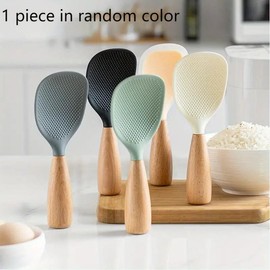 Random Color Wooden Handle Silicone Rice Spoon, Simple Durable Heat-resistant Spoon for Rice Cooker, Practical Kitchen Tools for Home Kitchen School Dormitory, Lunch Packing Accessories, Kitchen Accessories