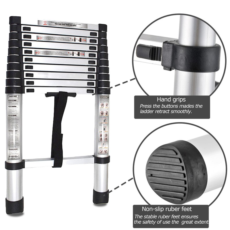 Folding Aluminum Telescoping Extension Ladder - One Button Retraction Extension