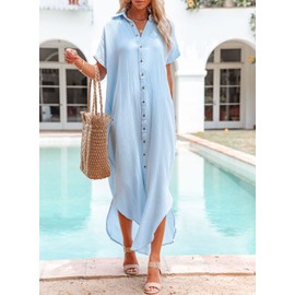 Dokotoo Oversized Swimsuit Coverups Summer Dresses for Women 2024 Fashion Vacation Button Down Long Kimonos Cardigan Beach Short Sleeve Side Split Casual Solid Loose Fit Bathing Suit Sky Blue XXLarge