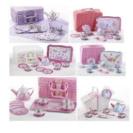 Delton Tin Tea Sets For Youth/ Kids/ Children Pretend Play With Storage Basket - 15 Pc Set Pink Bow