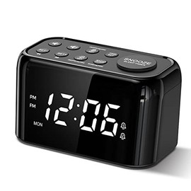 Weekday/Weekend Dual Alarm Clock Radio with Adjustable Snooze, 0-100% Dimmer, 7 Ringtones, 30 Volume Levels, FM Radio with Sleep Timer, Battery Backup, Small Size for Bedroom, Desk, Table
