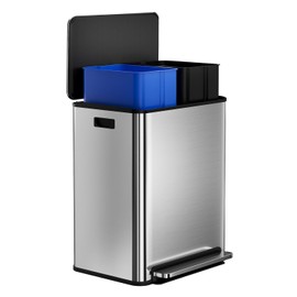 ExploreHorizon 2 x 8 Gal (2 x 30L) Trash Can, Stainless Steel Double Trash Can with Recycling Bin, Soft-Close Lid, Step-on Garbage Bin, with Removable Plastic Inner Buckets - Silver