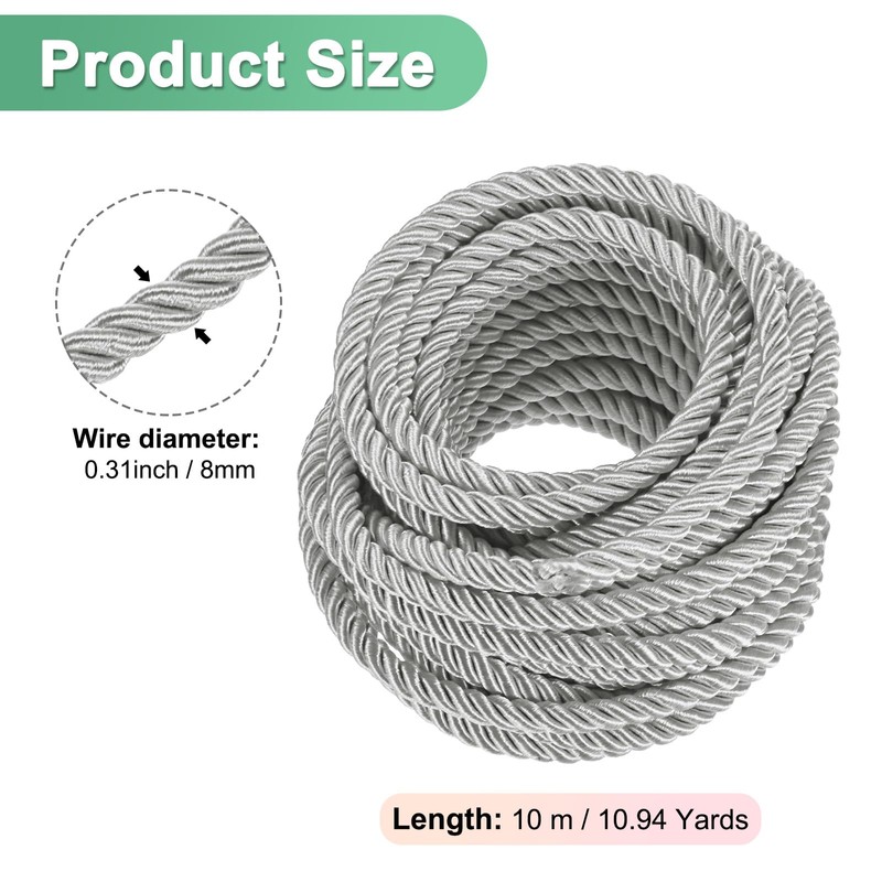M METERXITY 11 Yards Twisted Rope Trim, 8mm/0.31 in Silver