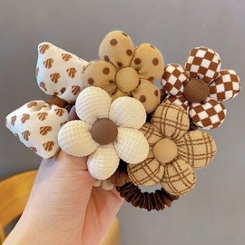 COTIRAS 5 Pack Beige Fabric Flower Hair Ties for Girls - Gentle Hair Elastics for Kids, Break-Resistant Hair Bands