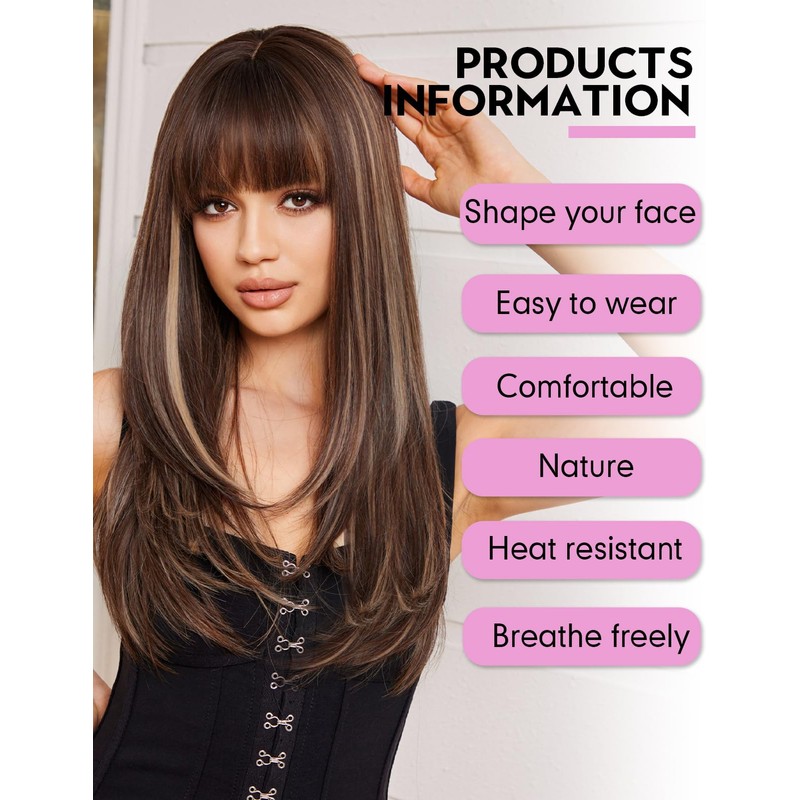 WOKESTAR Brown Wigs for Women Layered Straight Long Wig with