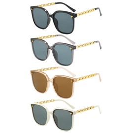 Stylish Women's Sunglasses 4Pack – Trendy Chain-Link PC Frames with UV380 Protection, Lightweight & Chic Accessories for Women (4 Colors: Black, Gray, Champagne, White)