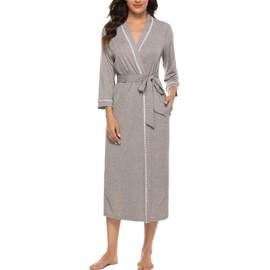 Vlazom Womens Dressing Gown Soft Kimono Robe V-Neck Long Knit Bathrobe Nightwear Sleepwear for All Seasons, Style A-Grey, M
