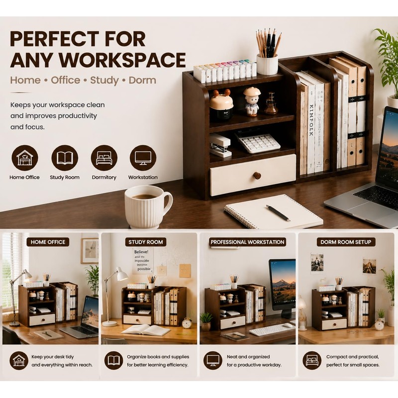Desktop Organizer with Drawer & Dual File Compartments, Multi-Functional MDF
